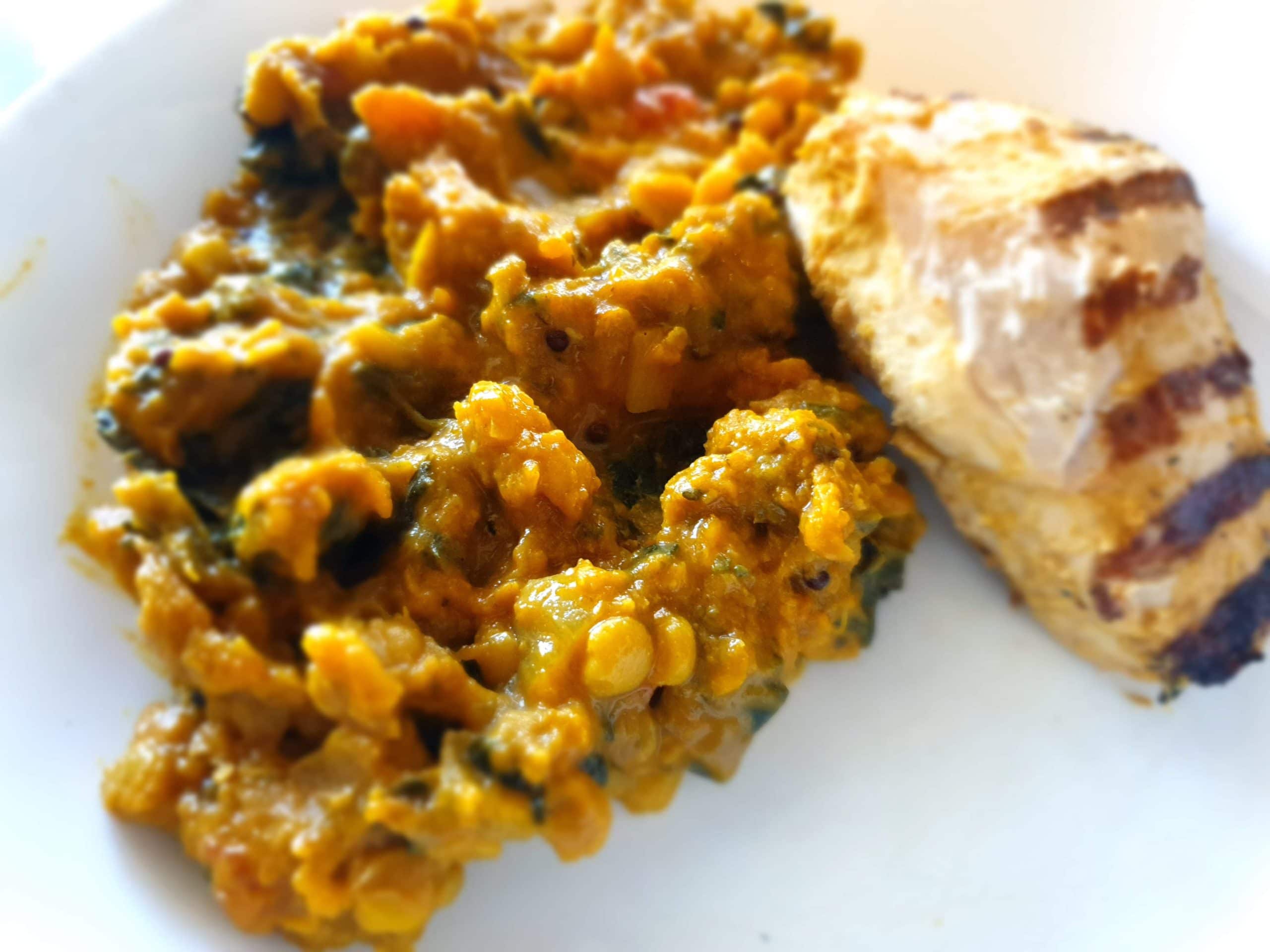 Pumpkin & spinach Dahl served with grilled chicken